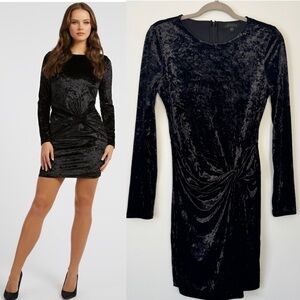 Guess Dress Crushed Velvet Stretch Black Twist Front Long Sleeve Dark Romantic M